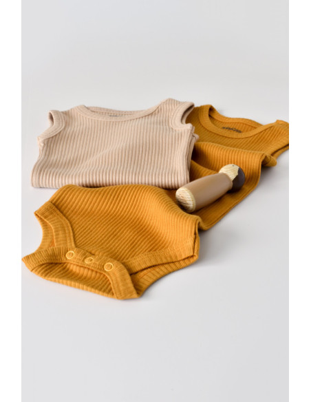 UP-BC-CSYM11104-0,Set de 2 body-uri fara maneci din bumbac organic si modal - Mustar/Somon