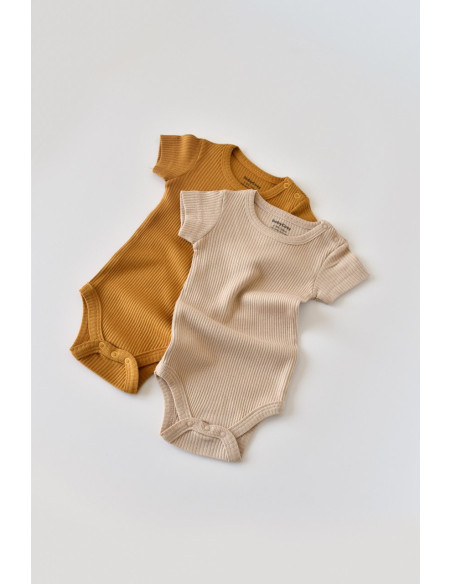UP-BC-CSYM11204-0,Set de 2 body-uri cu maneca scurta din bumbac organic si modal - Mustar/ Somon