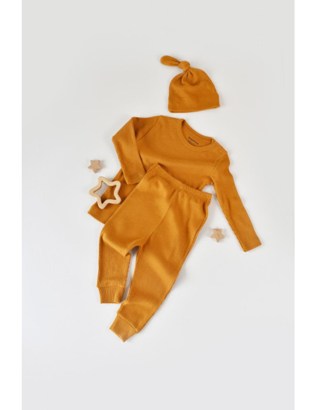 UP-BC-CSYM21500-3,Set 3 piese: bluzita cu maneca lunga, panataloni lungi si caciulita din bumbac organic si modal - Mustar