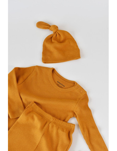 UP-BC-CSYM21500-3,Set 3 piese: bluzita cu maneca lunga, panataloni lungi si caciulita din bumbac organic si modal - Mustar