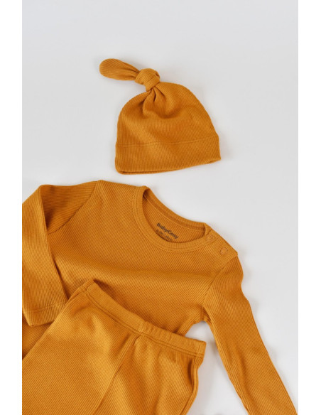 UP-BC-CSYM21500-3,Set 3 piese: bluzita cu maneca lunga, panataloni lungi si caciulita din bumbac organic si modal - Mustar