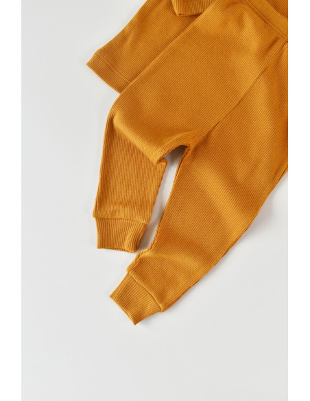 UP-BC-CSYM21500-3,Set 3 piese: bluzita cu maneca lunga, panataloni lungi si caciulita din bumbac organic si modal - Mustar