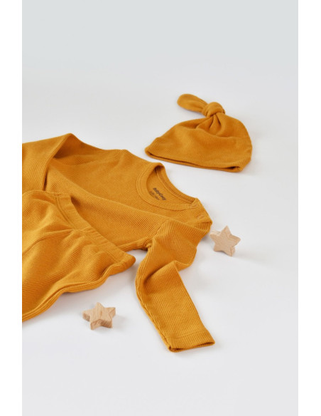 UP-BC-CSYM21500-3,Set 3 piese: bluzita cu maneca lunga, panataloni lungi si caciulita din bumbac organic si modal - Mustar