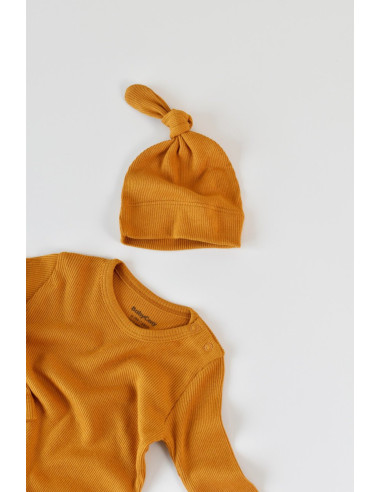 UP-BC-CSYM21500-3,Set 3 piese: bluzita cu maneca lunga, panataloni lungi si caciulita din bumbac organic si modal - Mustar