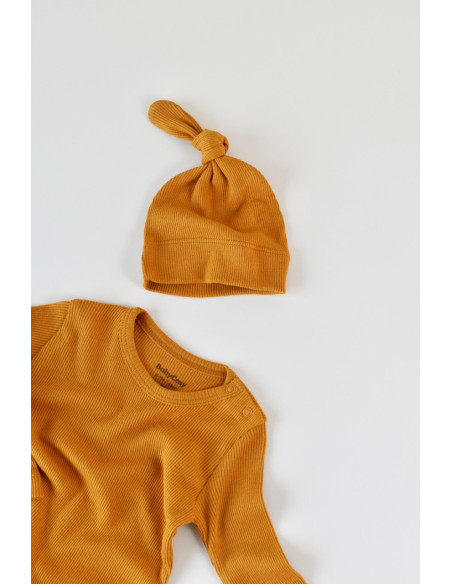 UP-BC-CSYM21500-3,Set 3 piese: bluzita cu maneca lunga, panataloni lungi si caciulita din bumbac organic si modal - Mustar