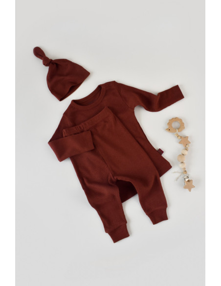 UP-BC-CSYM21501-3,Set 3 piese: bluzita cu maneca lunga, panataloni lungi si caciulita din bumbac organic si modal - Caramiziu