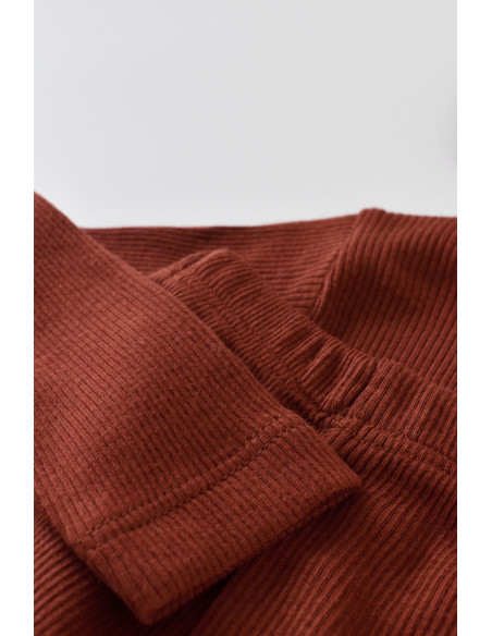 UP-BC-CSYM21501-3,Set 3 piese: bluzita cu maneca lunga, panataloni lungi si caciulita din bumbac organic si modal - Caramiziu