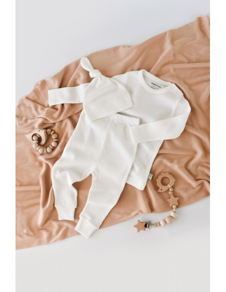 UP-BC-CSYM22510-3,Set 3 piese: body cu maneca lunga, panataloni lungi si caciulita din bumbac organic si modal - Ecru