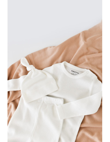 UP-BC-CSYM22510-3,Set 3 piese: body cu maneca lunga, panataloni lungi si caciulita din bumbac organic si modal - Ecru