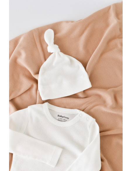 UP-BC-CSYM22510-3,Set 3 piese: body cu maneca lunga, panataloni lungi si caciulita din bumbac organic si modal - Ecru