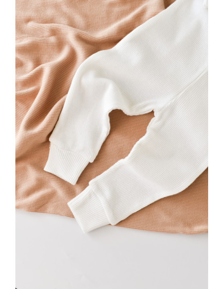 UP-BC-CSYM22510-3,Set 3 piese: body cu maneca lunga, panataloni lungi si caciulita din bumbac organic si modal - Ecru