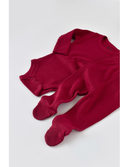 UP-BC-CSYM23502-6,Set 3 piese: body cu maneca lunga, panataloni lungi cu botosei si caciulita din bumbac organic si modal - Rosu