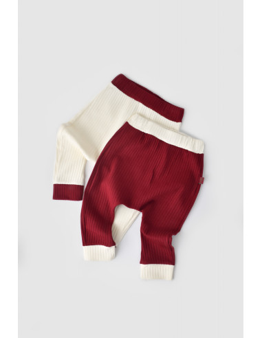 UP-BC-CSYR4001-3,Set 2 pantaloni Ribana Bebe Unisex din bumbac organic si 5%elastan - Ecru/Bordo, Baby Cosy