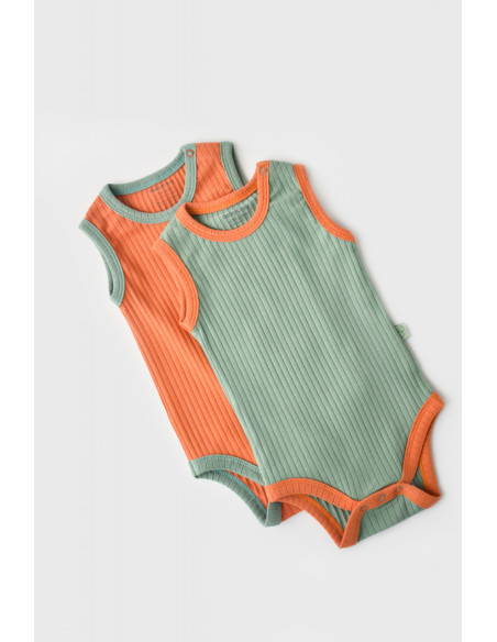 UP-BC-CSYR4100-3,Set 2 body-uri fara maneci Ribana Bebe Unisex din bumbac organic si 5%elastan - Portocaliu/Verde