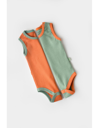 UP-BC-CSYR4100-3,Set 2 body-uri fara maneci Ribana Bebe Unisex din bumbac organic si 5%elastan - Portocaliu/Verde
