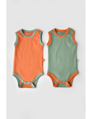 UP-BC-CSYR4100-3,Set 2 body-uri fara maneci Ribana Bebe Unisex din bumbac organic si 5%elastan - Portocaliu/Verde