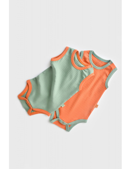 UP-BC-CSYR4100-3,Set 2 body-uri fara maneci Ribana Bebe Unisex din bumbac organic si 5%elastan - Portocaliu/Verde