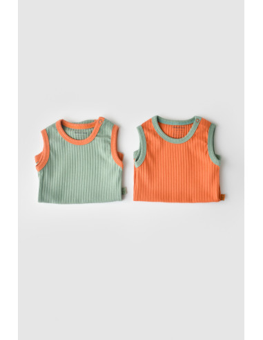 UP-BC-CSYR4100-3,Set 2 body-uri fara maneci Ribana Bebe Unisex din bumbac organic si 5%elastan - Portocaliu/Verde