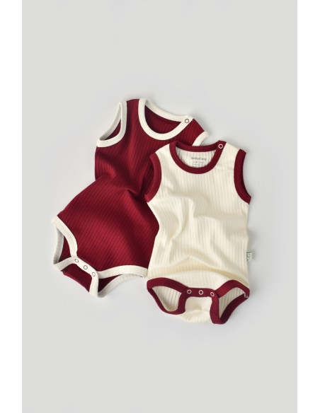 UP-BC-CSYR4101-3,Set 2 body-uri fara maneci Ribana Bebe Unisex din bumbac organic si 5%elastan - Ecru/Bordo