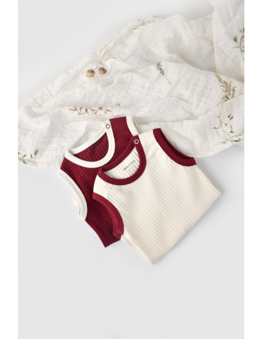 UP-BC-CSYR4101-3,Set 2 body-uri fara maneci Ribana Bebe Unisex din bumbac organic si 5%elastan - Ecru/Bordo