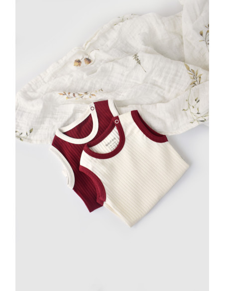 UP-BC-CSYR4101-3,Set 2 body-uri fara maneci Ribana Bebe Unisex din bumbac organic si 5%elastan - Ecru/Bordo
