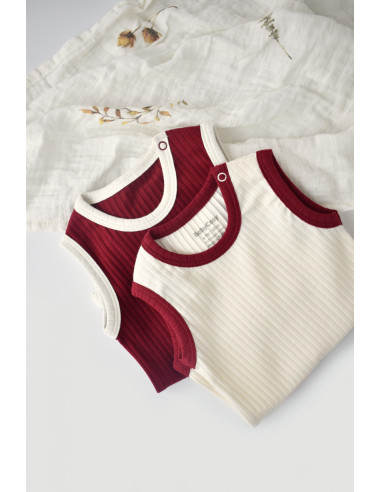 UP-BC-CSYR4101-3,Set 2 body-uri fara maneci Ribana Bebe Unisex din bumbac organic si 5%elastan - Ecru/Bordo