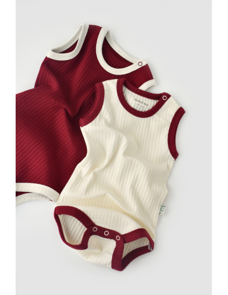UP-BC-CSYR4101-3,Set 2 body-uri fara maneci Ribana Bebe Unisex din bumbac organic si 5%elastan - Ecru/Bordo
