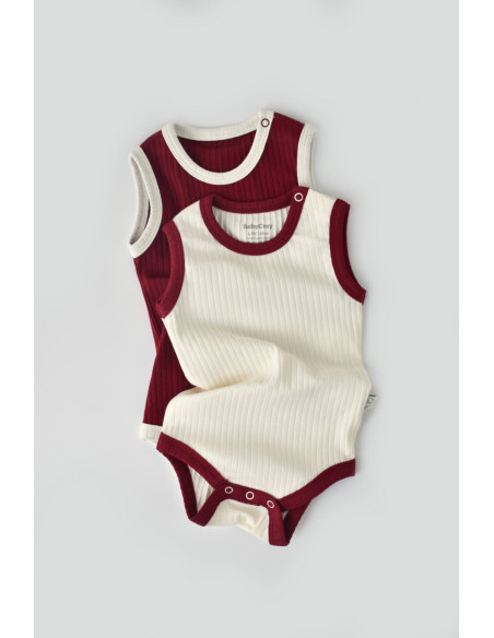 UP-BC-CSYR4101-3,Set 2 body-uri fara maneci Ribana Bebe Unisex din bumbac organic si 5%elastan - Ecru/Bordo