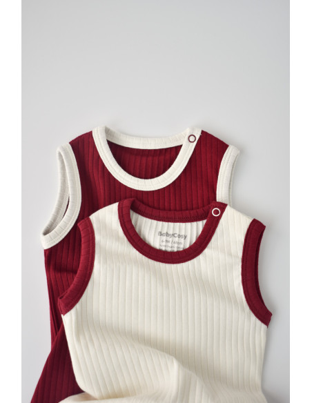 UP-BC-CSYR4101-3,Set 2 body-uri fara maneci Ribana Bebe Unisex din bumbac organic si 5%elastan - Ecru/Bordo
