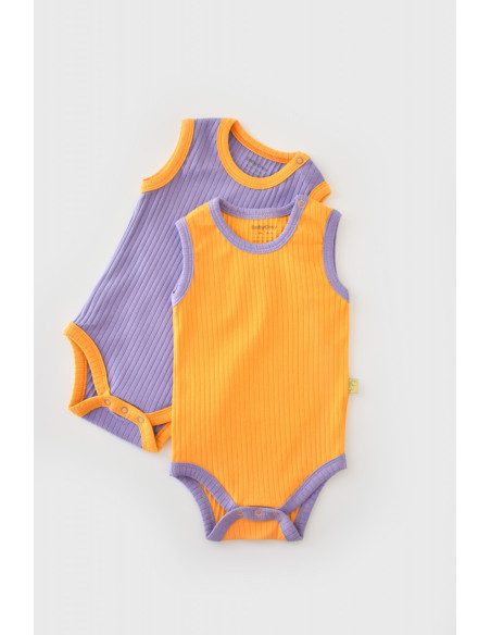UP-BC-CSYR4102-3,Set 2 body-uri fara maneci Ribana Bebe Unisex din bumbac organic si 5%elastan - Galben/Mov