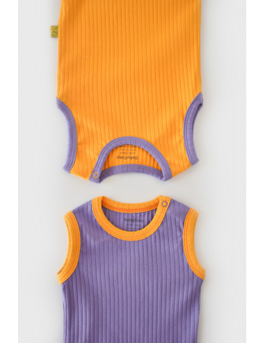 UP-BC-CSYR4102-3,Set 2 body-uri fara maneci Ribana Bebe Unisex din bumbac organic si 5%elastan - Galben/Mov