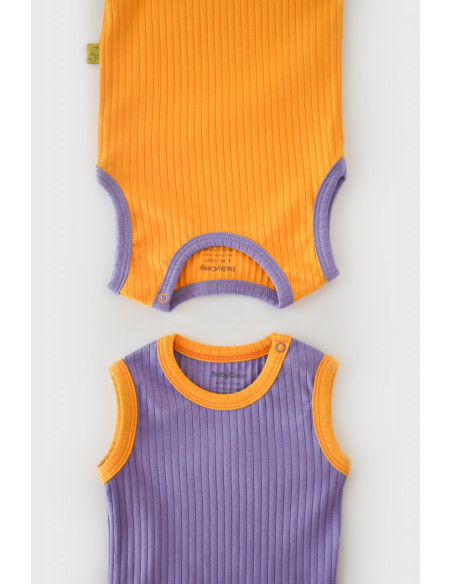 UP-BC-CSYR4102-3,Set 2 body-uri fara maneci Ribana Bebe Unisex din bumbac organic si 5%elastan - Galben/Mov