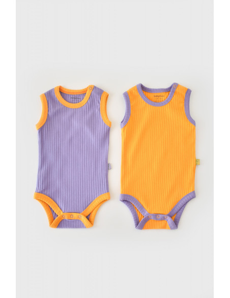 UP-BC-CSYR4102-3,Set 2 body-uri fara maneci Ribana Bebe Unisex din bumbac organic si 5%elastan - Galben/Mov