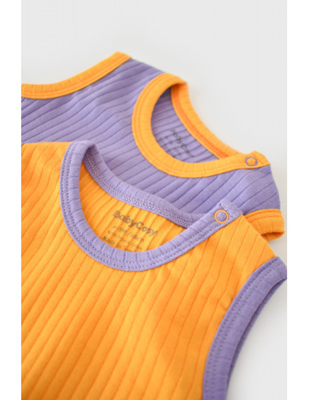 UP-BC-CSYR4102-3,Set 2 body-uri fara maneci Ribana Bebe Unisex din bumbac organic si 5%elastan - Galben/Mov