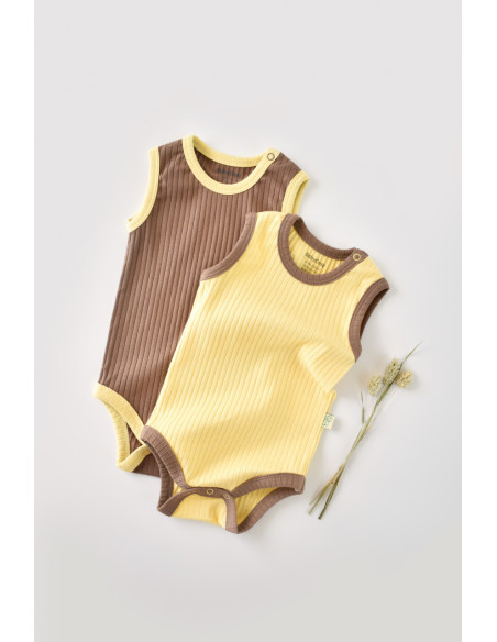 UP-BC-CSYR4103-3,Set 2 body-uri fara maneci Ribana Bebe Unisex din bumbac organic si 5%elastan - Vanilie/Maro