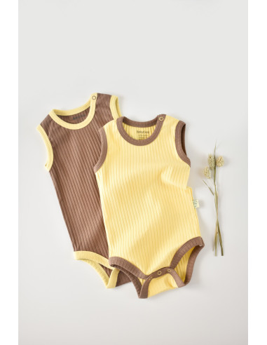 UP-BC-CSYR4103-3,Set 2 body-uri fara maneci Ribana Bebe Unisex din bumbac organic si 5%elastan - Vanilie/Maro