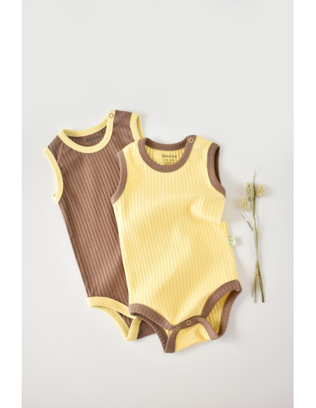 UP-BC-CSYR4103-3,Set 2 body-uri fara maneci Ribana Bebe Unisex din bumbac organic si 5%elastan - Vanilie/Maro