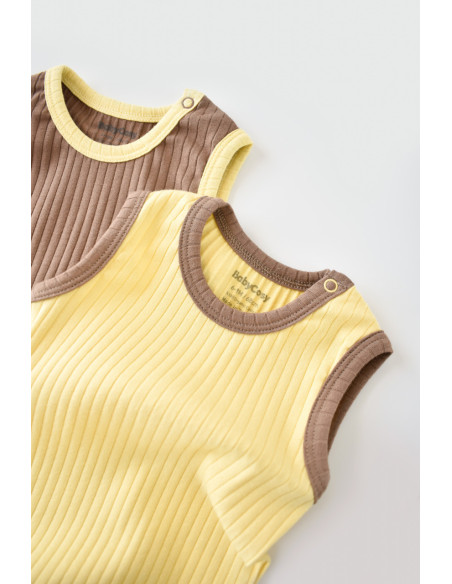 UP-BC-CSYR4103-3,Set 2 body-uri fara maneci Ribana Bebe Unisex din bumbac organic si 5%elastan - Vanilie/Maro