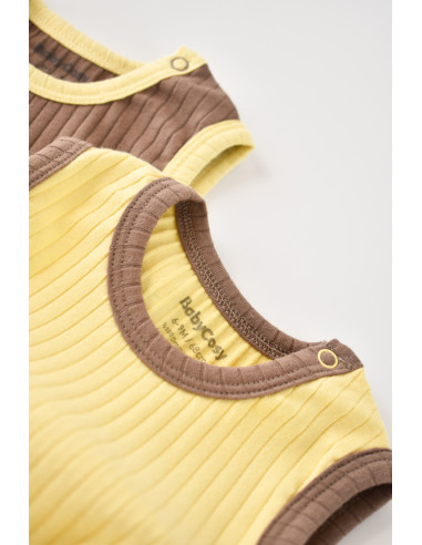 UP-BC-CSYR4103-3,Set 2 body-uri fara maneci Ribana Bebe Unisex din bumbac organic si 5%elastan - Vanilie/Maro