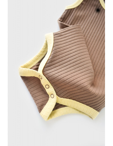 UP-BC-CSYR4103-3,Set 2 body-uri fara maneci Ribana Bebe Unisex din bumbac organic si 5%elastan - Vanilie/Maro
