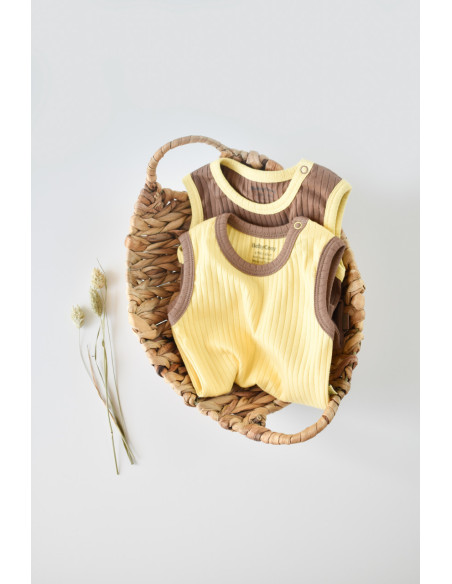 UP-BC-CSYR4103-3,Set 2 body-uri fara maneci Ribana Bebe Unisex din bumbac organic si 5%elastan - Vanilie/Maro