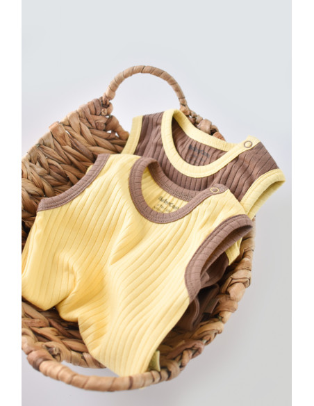 UP-BC-CSYR4103-3,Set 2 body-uri fara maneci Ribana Bebe Unisex din bumbac organic si 5%elastan - Vanilie/Maro