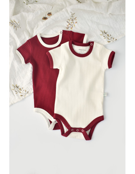 UP-BC-CSYR4201-6,Set 2 body-uri Ribana Bebe Unisex din bumbac organic si 5%elastan - Ecru/Bordo, Baby Cosy