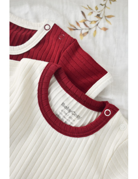 UP-BC-CSYR4201-6,Set 2 body-uri Ribana Bebe Unisex din bumbac organic si 5%elastan - Ecru/Bordo, Baby Cosy