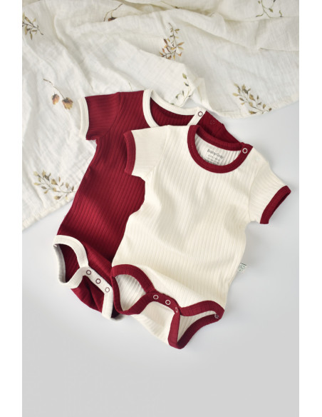 UP-BC-CSYR4201-6,Set 2 body-uri Ribana Bebe Unisex din bumbac organic si 5%elastan - Ecru/Bordo, Baby Cosy