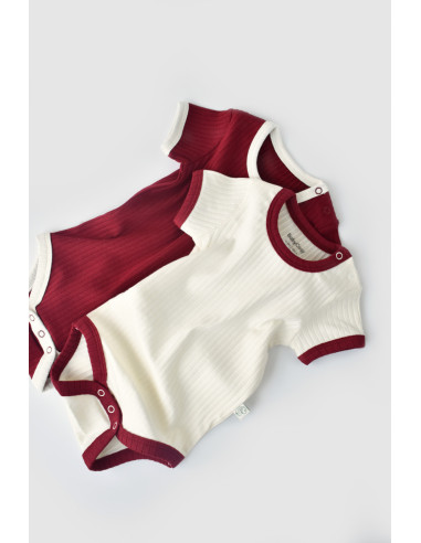 UP-BC-CSYR4201-6,Set 2 body-uri Ribana Bebe Unisex din bumbac organic si 5%elastan - Ecru/Bordo, Baby Cosy