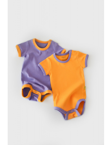 UP-BC-CSYR4202-9,Set 2 body-uri Ribana Bebe Unisex din bumbac organic si 5%elastan - Galben/Mov