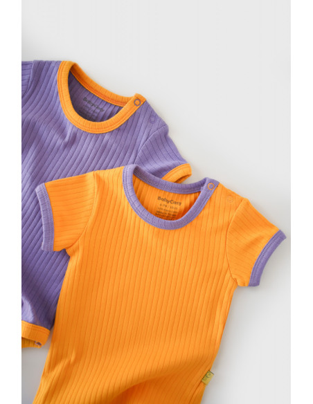 UP-BC-CSYR4202-9,Set 2 body-uri Ribana Bebe Unisex din bumbac organic si 5%elastan - Galben/Mov