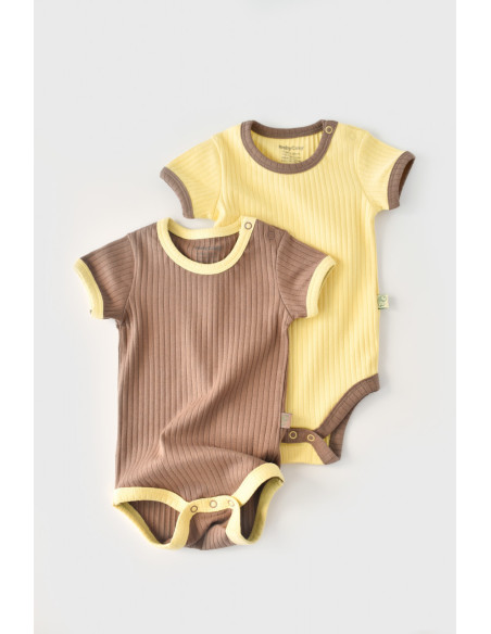UP-BC-CSYR4203-6,Set 2 body-uri Ribana Bebe Unisex din bumbac organic si 5%elastan - Vanilie/Maro