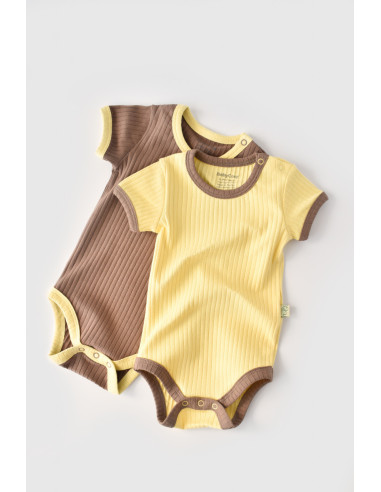 UP-BC-CSYR4203-6,Set 2 body-uri Ribana Bebe Unisex din bumbac organic si 5%elastan - Vanilie/Maro